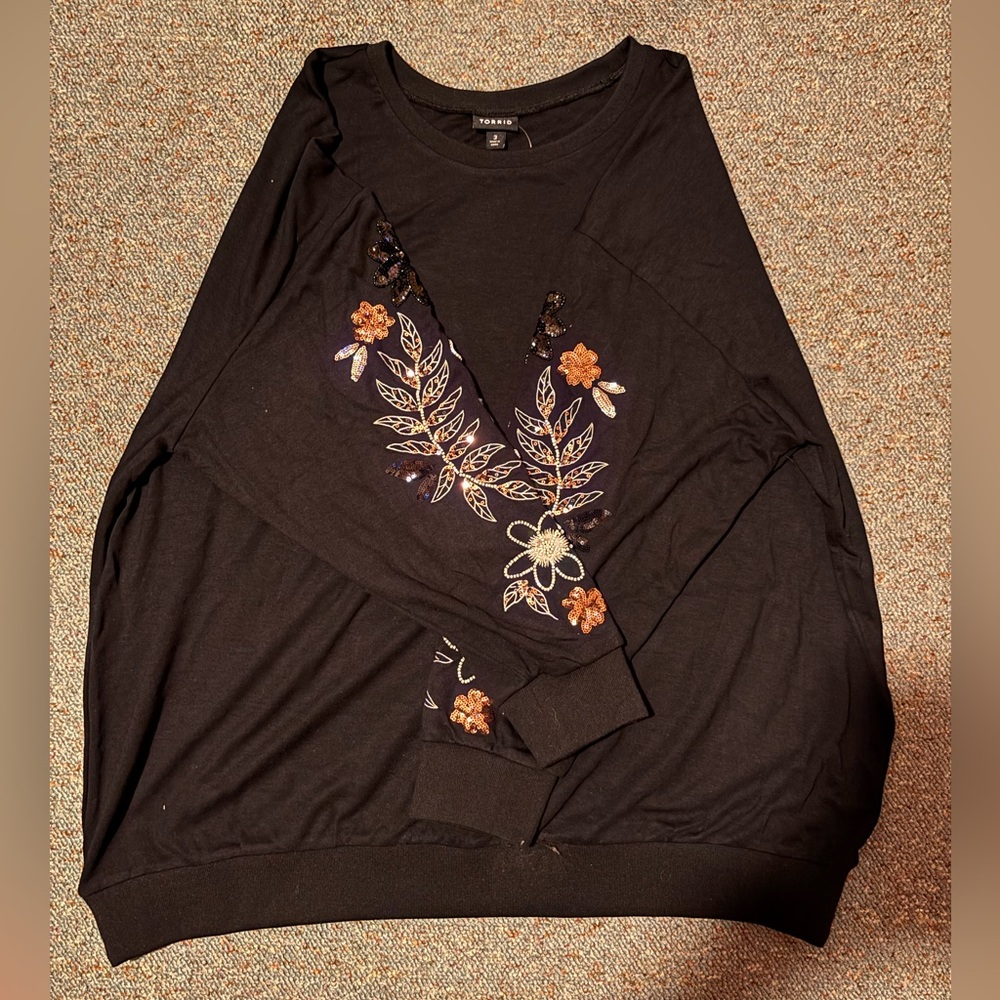 NWT Black Crewneck with beaded sleeves